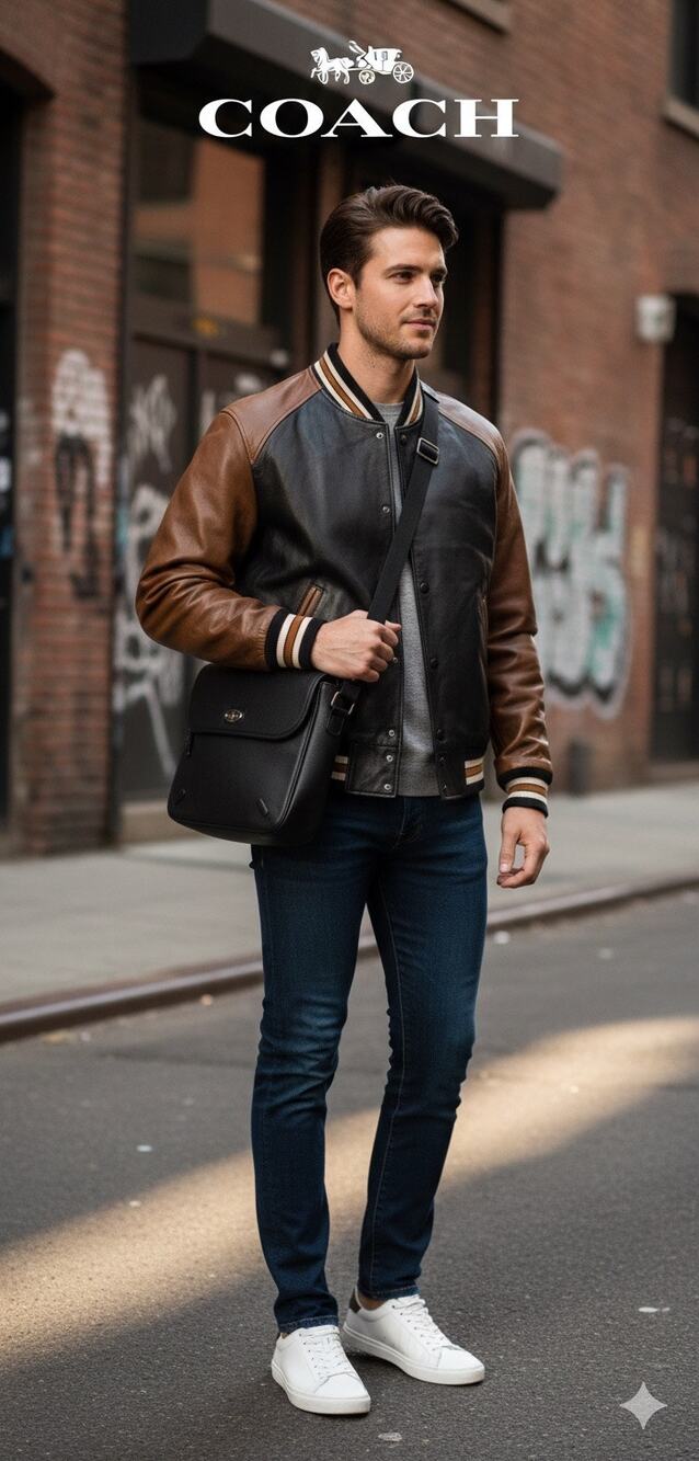 Authentic Coach Leather Varsity Bomber Jacket